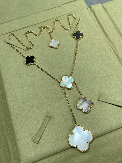 [Love Lucky]CLOVER 6 MOTIF MOP ONYX GOLD NECKLACE