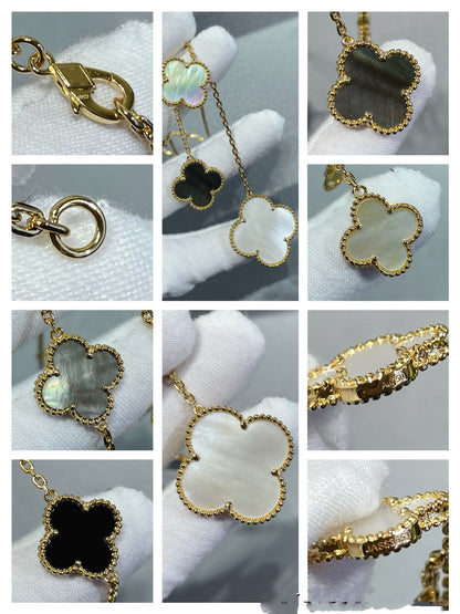 [Love Lucky]CLOVER 6 MOTIF MOP ONYX GOLD NECKLACE