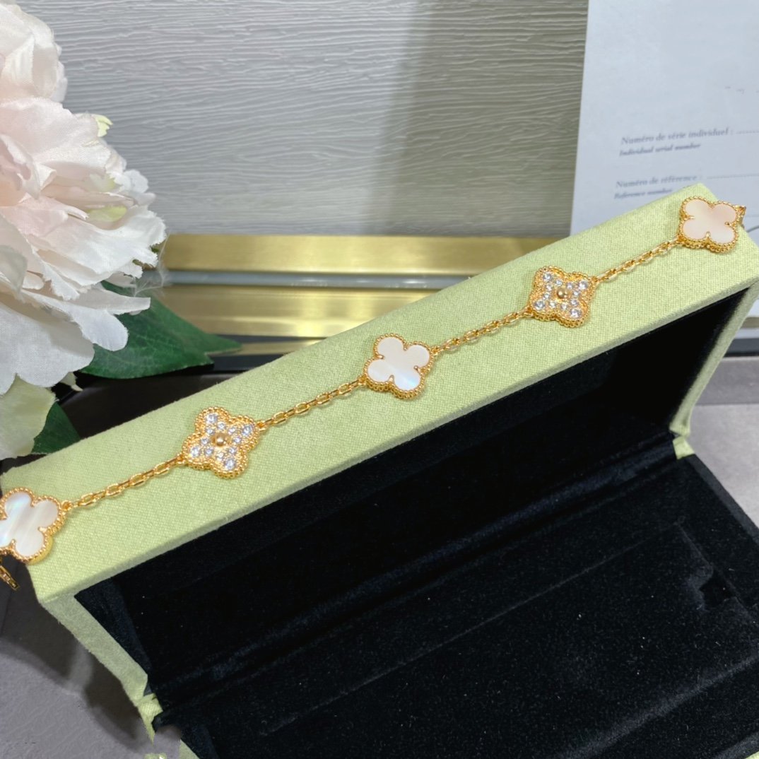 [Love Lucky]CLOVER 5 MOTIF DIAMOND PINK MOP PINK GOLD BRACELET