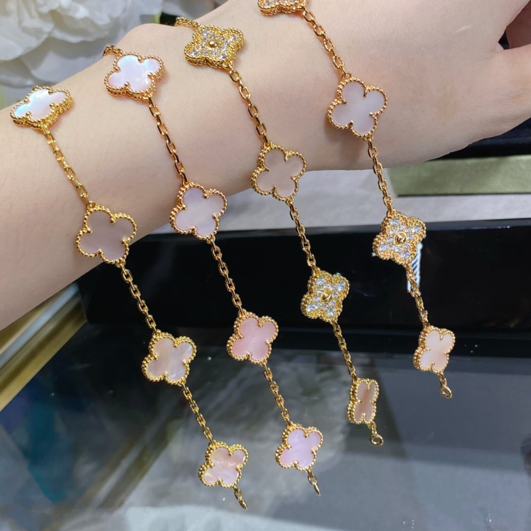 [Love Lucky]CLOVER 5 MOTIF DIAMOND PINK MOP PINK GOLD BRACELET