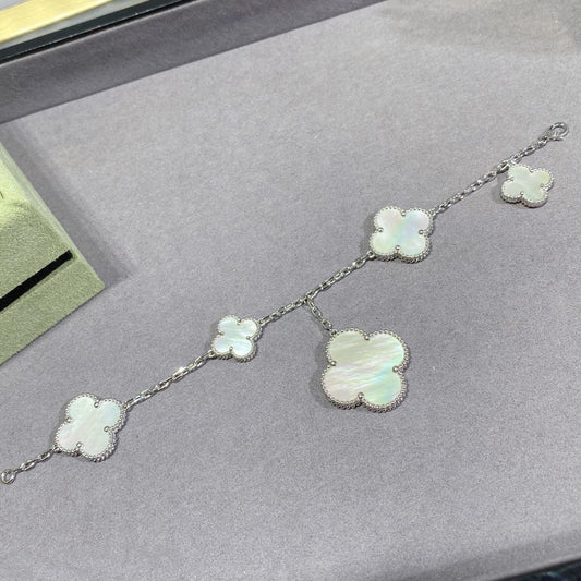 [Love Lucky]CLOVER 5 MOTIF WHITE MOP SILVER BRACELET