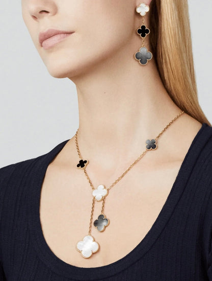 [Love Lucky]CLOVER 3 MOTIF MOP ONYX DARK MOP PINK GOLD EARRINGS