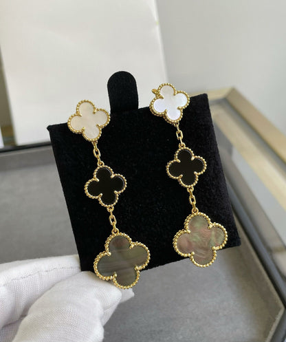 [Love Lucky]CLOVER 3 MOTIF MOP ONYX DARK MOP PINK GOLD EARRINGS