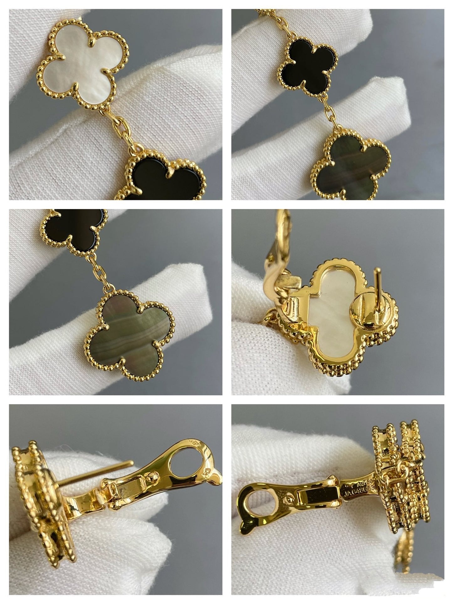 [Love Lucky]CLOVER 3 MOTIF MOP ONYX DARK MOP PINK GOLD EARRINGS