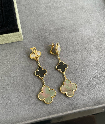 [Love Lucky]CLOVER 3 MOTIF MOP ONYX DARK MOP PINK GOLD EARRINGS
