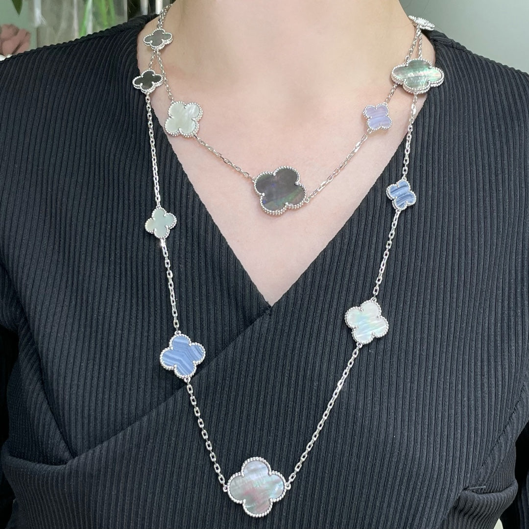 [Love Lucky]CLOVER 16 MOTIF CHALCEDONY MOP SILVER NECKLACE