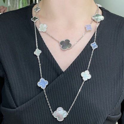 [Love Lucky]CLOVER 16 MOTIF CHALCEDONY MOP SILVER NECKLACE