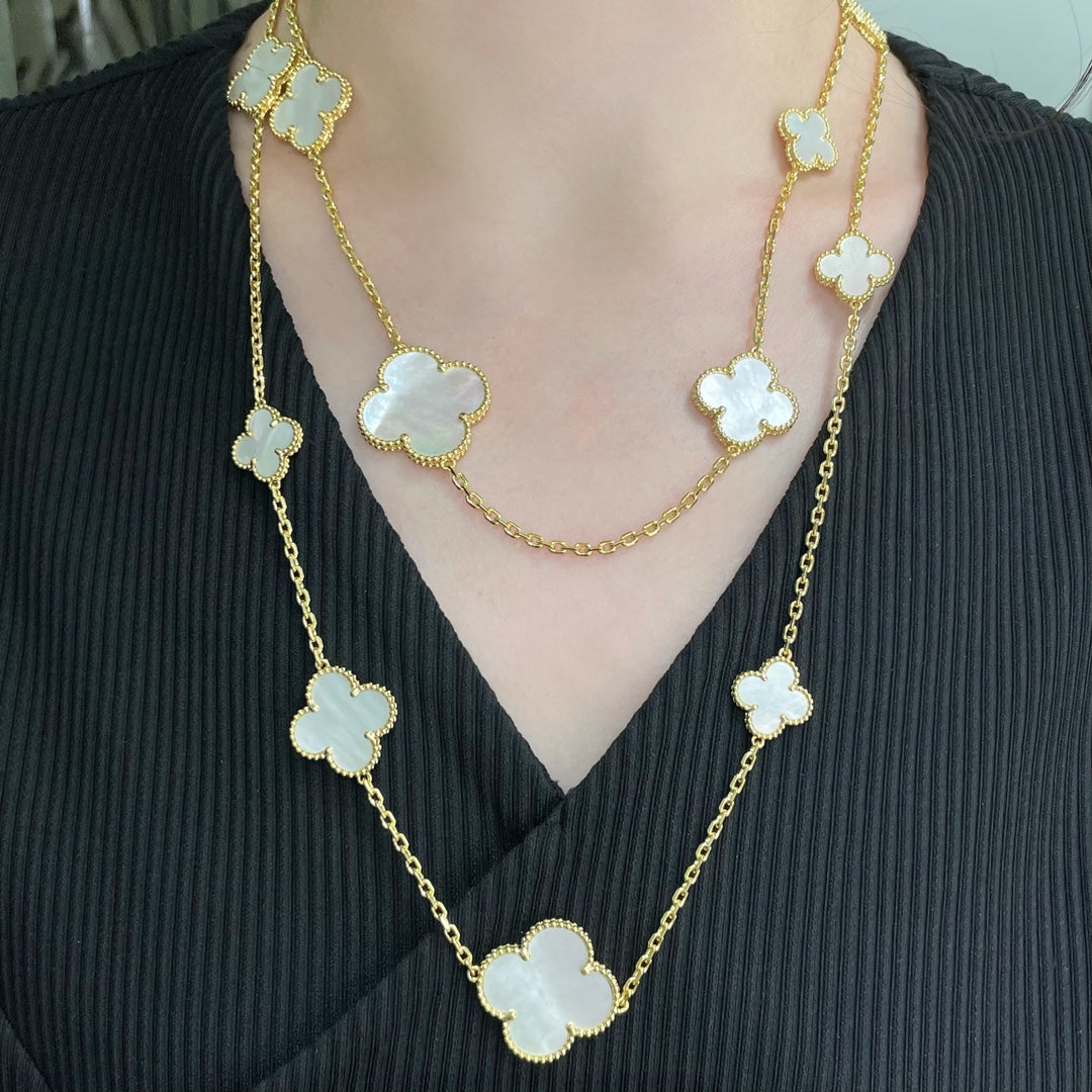[Love Lucky]CLOVER 16 MOTIF WHITE MOP GOLD NECKLACE