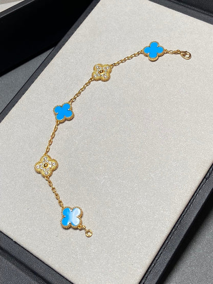 [Love Lucky]CLOVER 5 MOTIF BLUE CHALCEDONY DIAMOND GOLD BRACELET