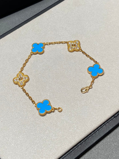 [Love Lucky]CLOVER 5 MOTIF BLUE CHALCEDONY DIAMOND GOLD BRACELET