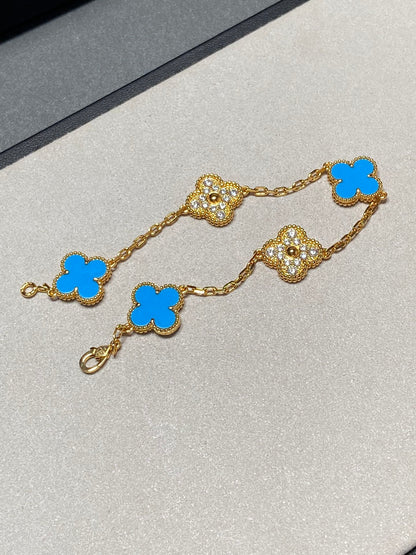 [Love Lucky]CLOVER 5 MOTIF BLUE CHALCEDONY DIAMOND GOLD BRACELET