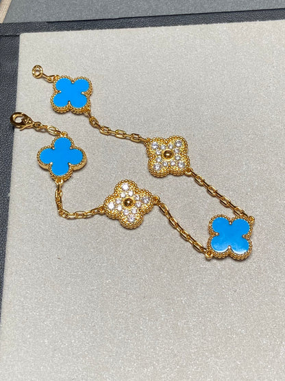 [Love Lucky]CLOVER 5 MOTIF BLUE CHALCEDONY DIAMOND GOLD BRACELET