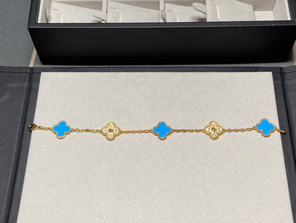 [Love Lucky]CLOVER 5 MOTIF BLUE CHALCEDONY DIAMOND GOLD BRACELET