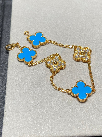 [Love Lucky]CLOVER 5 MOTIF BLUE CHALCEDONY DIAMOND GOLD BRACELET