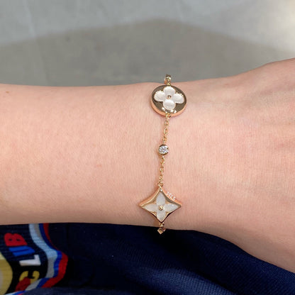 [Love Lucky]STAR AND SUN 4 MOTIF WHITE MOP PINK GOLD BRACELET