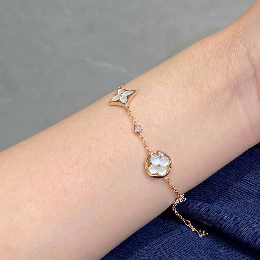 [Love Lucky]STAR AND SUN 4 MOTIF WHITE MOP PINK GOLD BRACELET