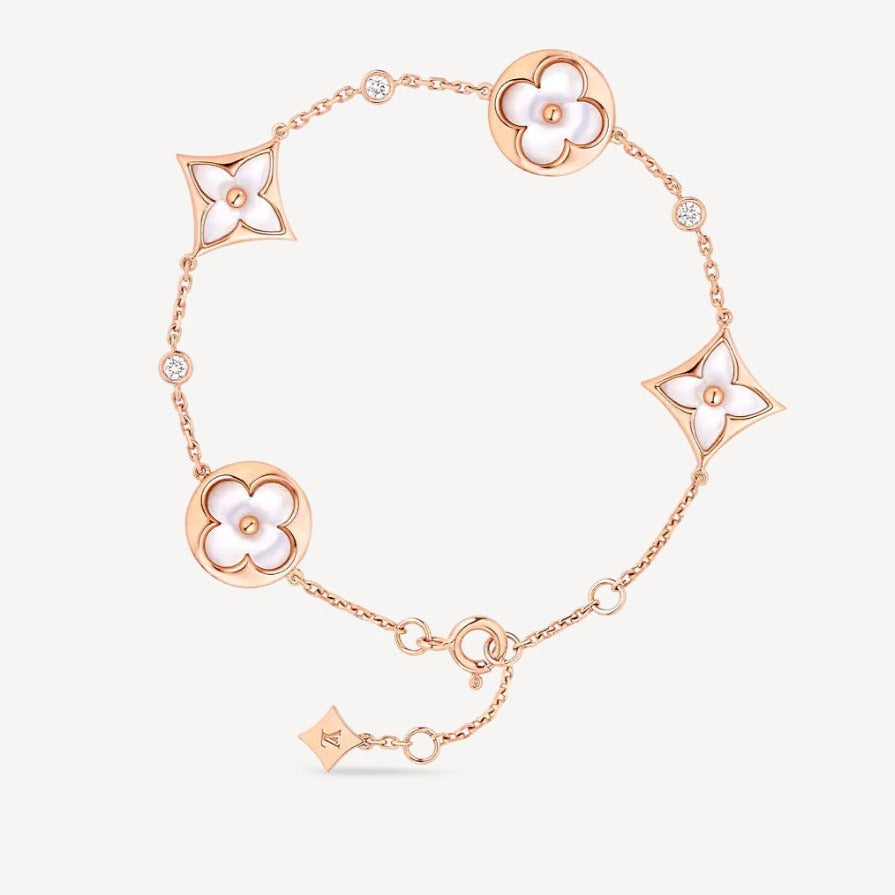 [Love Lucky]STAR AND SUN 4 MOTIF WHITE MOP PINK GOLD BRACELET