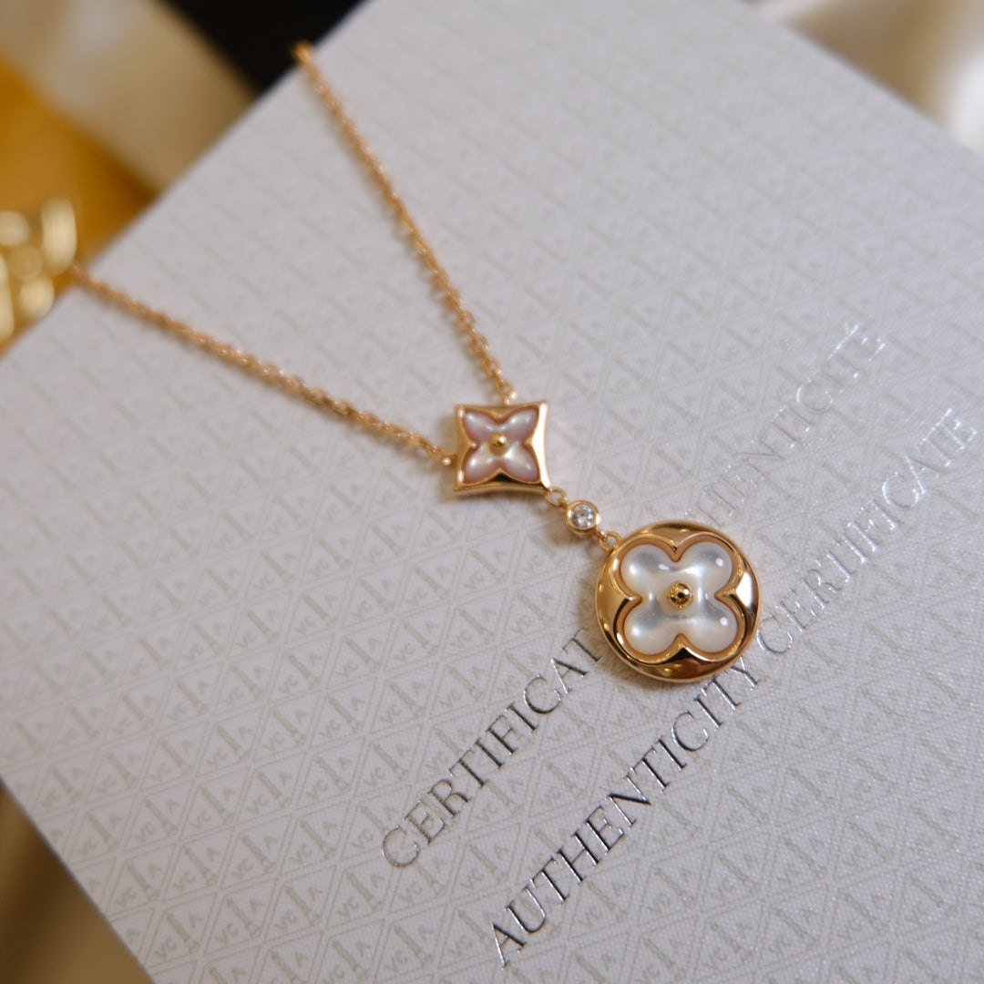 [Love Lucky]STAR AND SUN WHITE MOP 2 MOTIF PINK GOLD NECKLACE