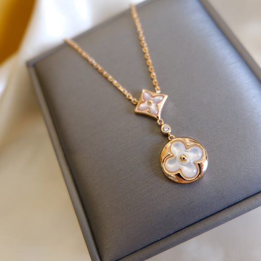 [Love Lucky]STAR AND SUN WHITE MOP 2 MOTIF PINK GOLD NECKLACE