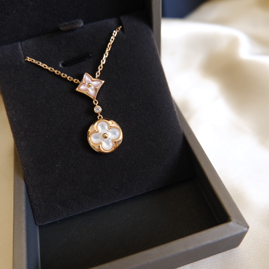 [Love Lucky]STAR AND SUN WHITE MOP 2 MOTIF PINK GOLD NECKLACE