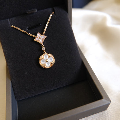 [Love Lucky]STAR AND SUN WHITE MOP 2 MOTIF PINK GOLD NECKLACE