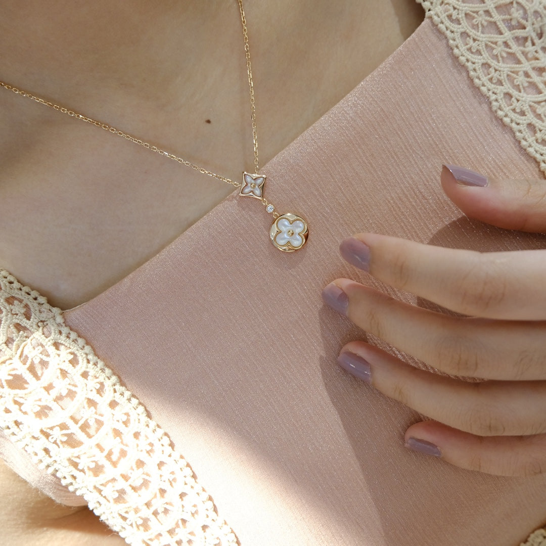 [Love Lucky]STAR AND SUN WHITE MOP 2 MOTIF PINK GOLD NECKLACE