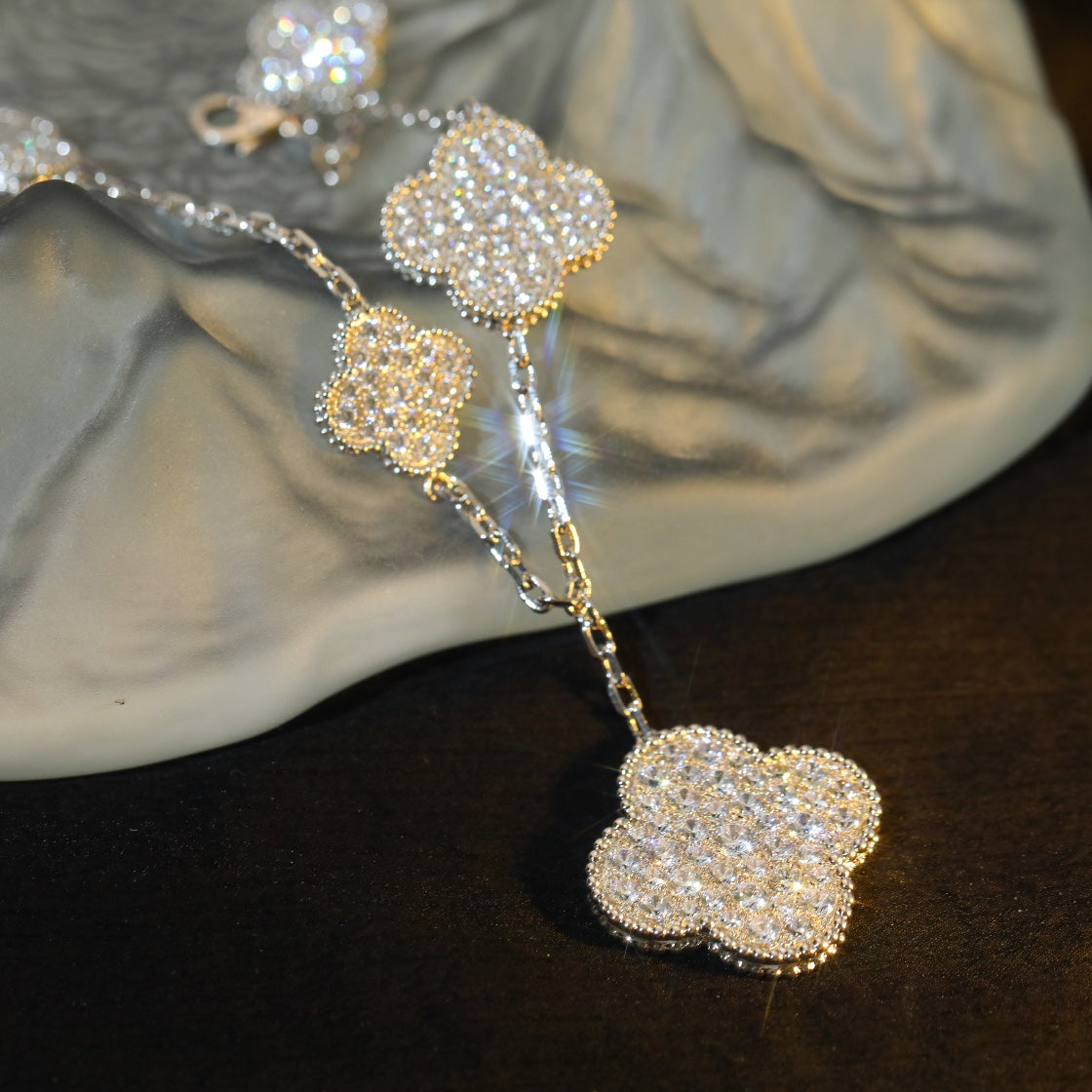 [Love Lucky]CLOVER BRACELET 5 MOTIF SILVER DIAMOND PAVED