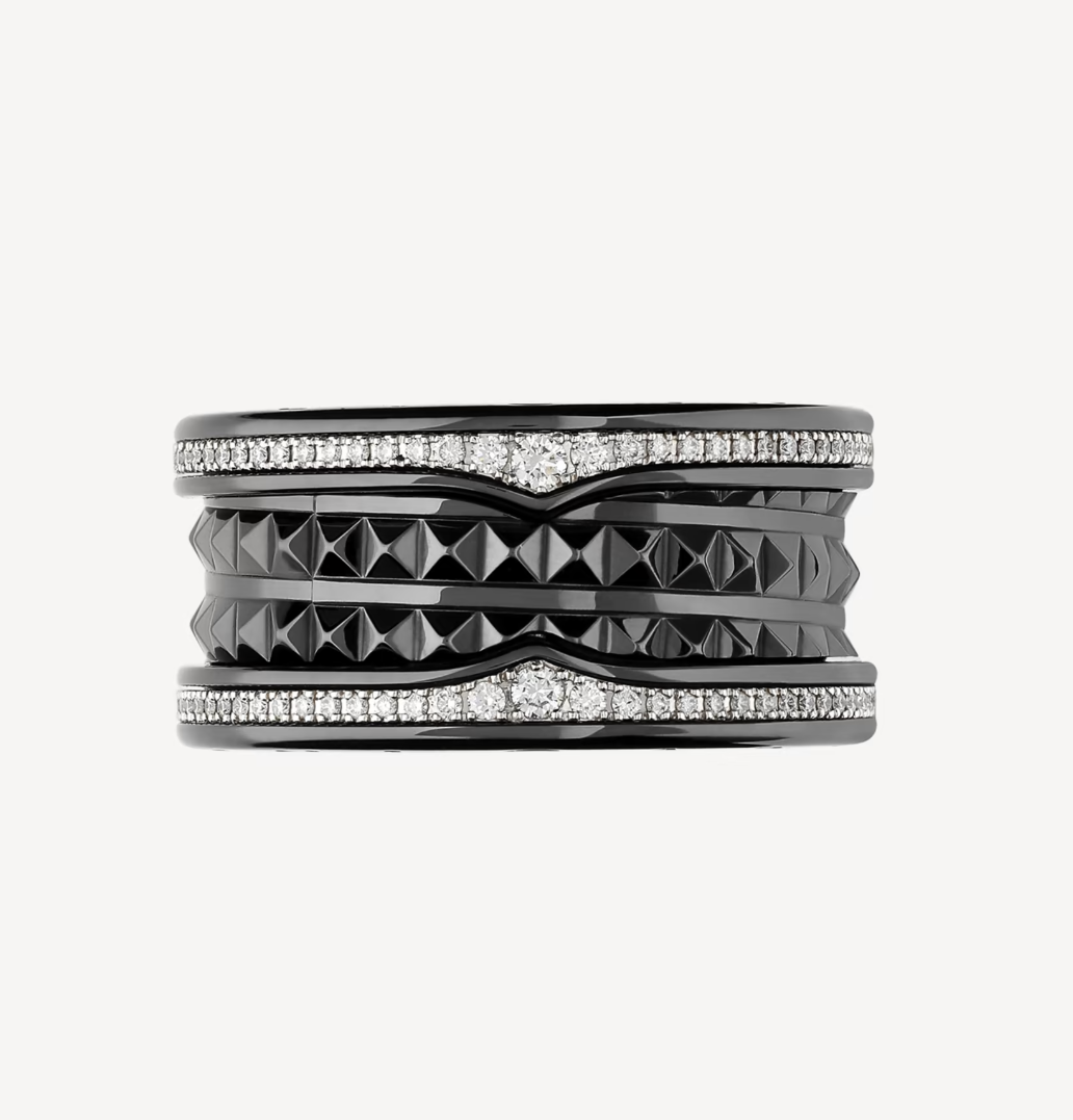 [Love Lucky]ZERO 1 ROCK FOUR-BAND BLACK CERAMIC WITH STUDDED SPIRAL AND PAVED DIAMONDS RING