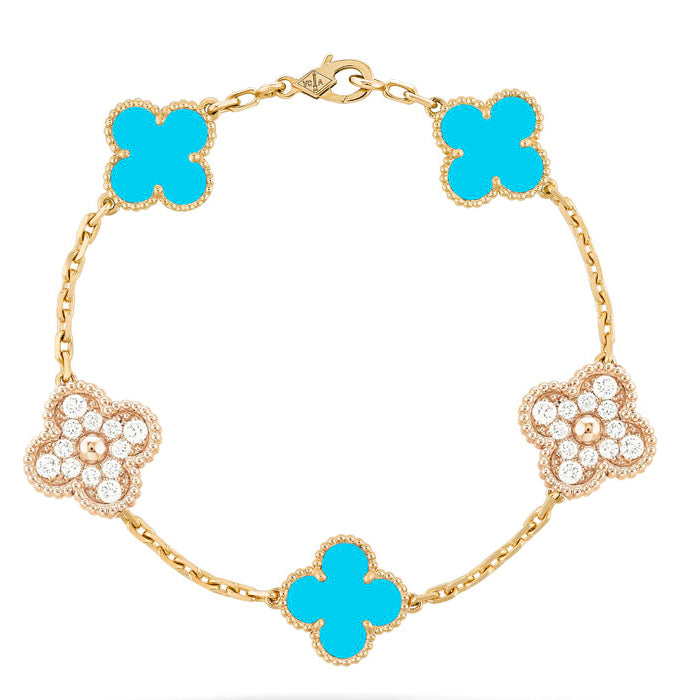 [Love Lucky]CLOVER 5 MOTIF TURQUOISE DIAMOND GOLD BRACELET