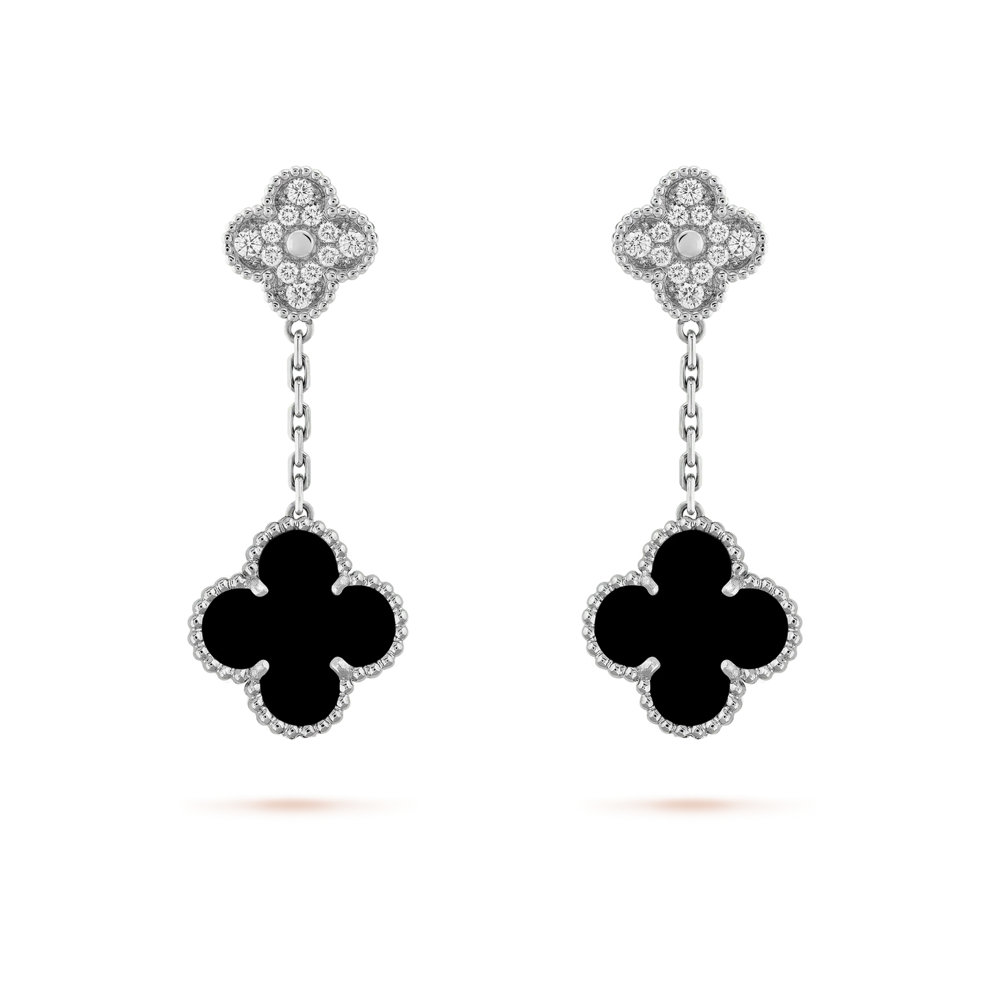 [Love Lucky]CLOVER 2 MOTIFS  DIAMOND ONYX EARRINGS SILVER
