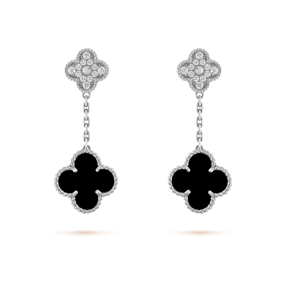 [Love Lucky]CLOVER 2 MOTIFS  DIAMOND ONYX EARRINGS SILVER