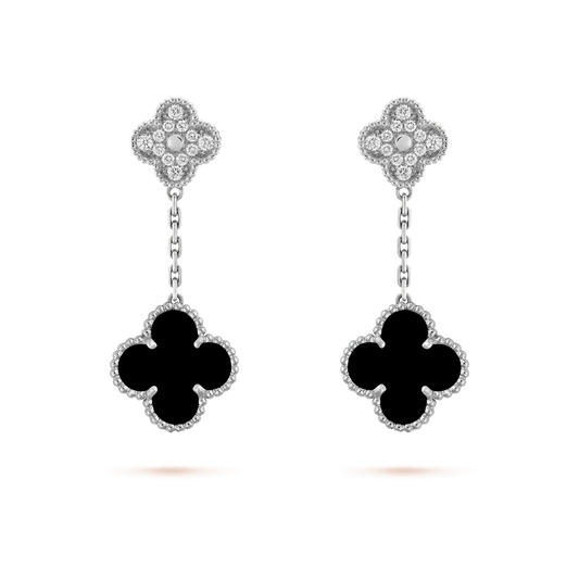 [Love Lucky]CLOVER 2 MOTIFS  DIAMOND ONYX EARRINGS SILVER