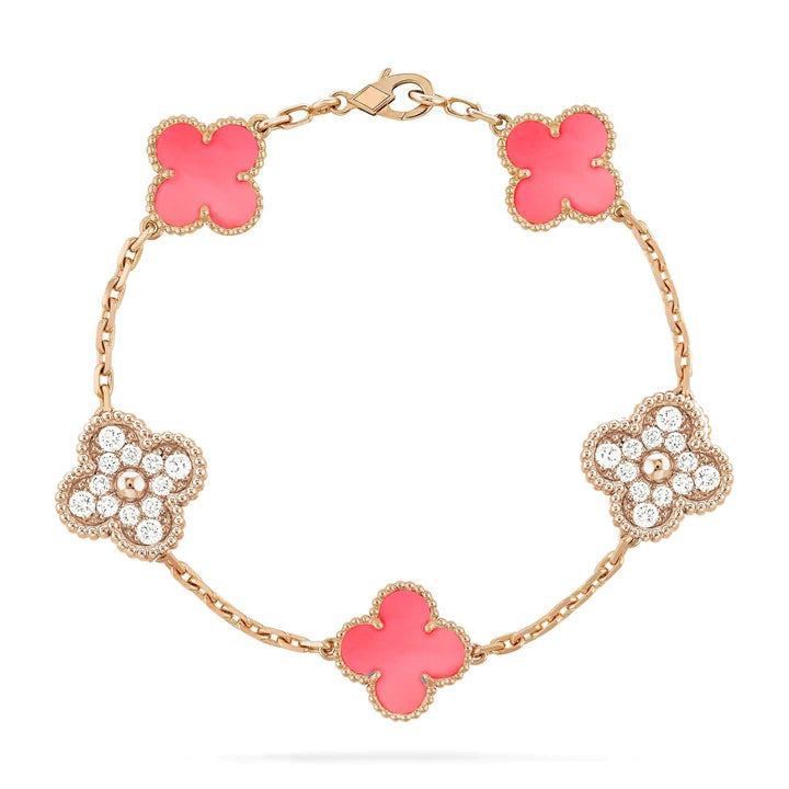 [Love Lucky]CLOVER 5 MOTIF DIAMOND PINK MOP PINK GOLD BRACELET