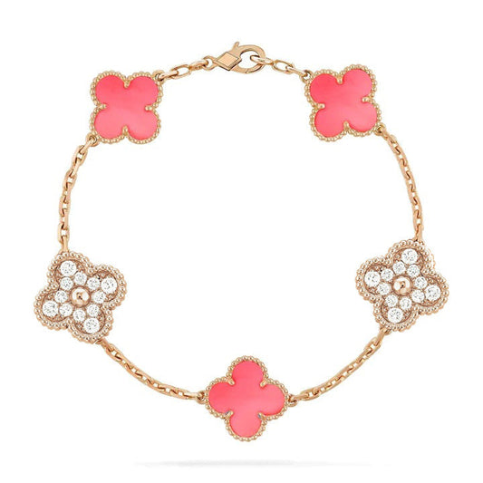 [Love Lucky]CLOVER 5 MOTIF DIAMOND PINK MOP PINK GOLD BRACELET