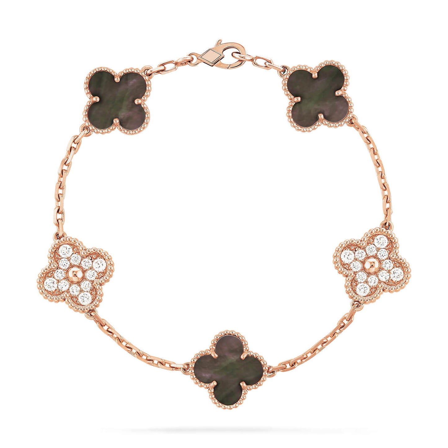 [Love Lucky]CLOVER 5 MOTIFS DARK MOP AND DIAMONDS PINK GOLD BRACELET