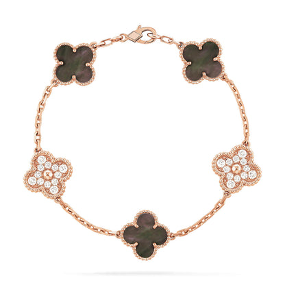 [Love Lucky]CLOVER 5 MOTIFS DARK MOP AND DIAMONDS PINK GOLD BRACELET