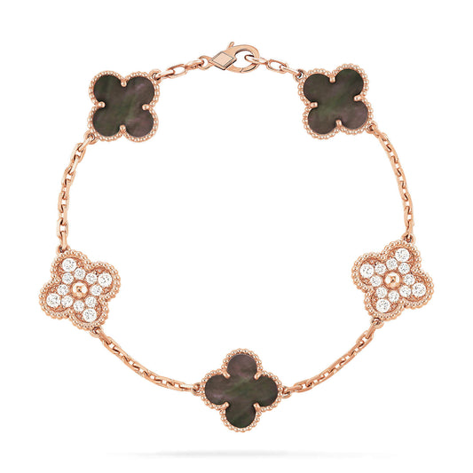 [Love Lucky]CLOVER 5 MOTIFS DARK MOP AND DIAMONDS PINK GOLD BRACELET