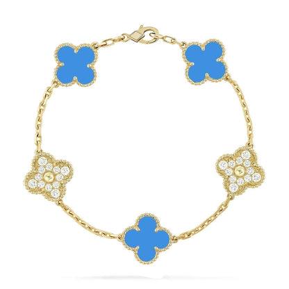 [Love Lucky]CLOVER 5 MOTIF BLUE CHALCEDONY DIAMOND GOLD BRACELET