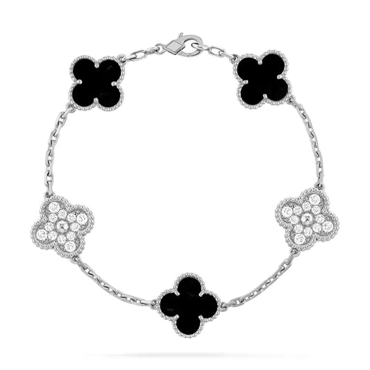 [Love Lucky]CLOVER 5 MOTIF ONYXS DIAMOND BRACELET SILVER