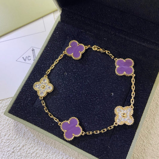 [Love Lucky]CLOVER 5 MOTIFS PURPLE VIOLET DIAMOND BRACELET
