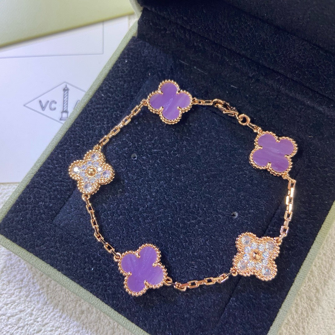 [Love Lucky]CLOVER 5 MOTIFS PURPLE VIOLET DIAMOND BRACELET