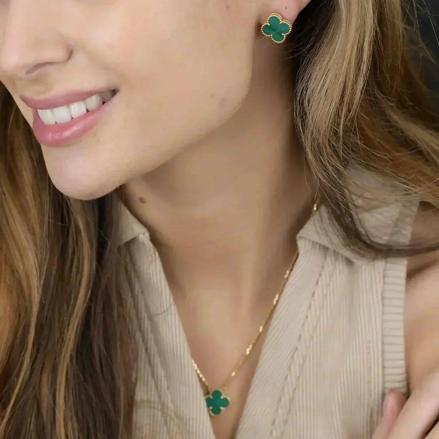 [Love Lucky]CLOVER MINI 9.5MM MALACHITE  EARRINGS