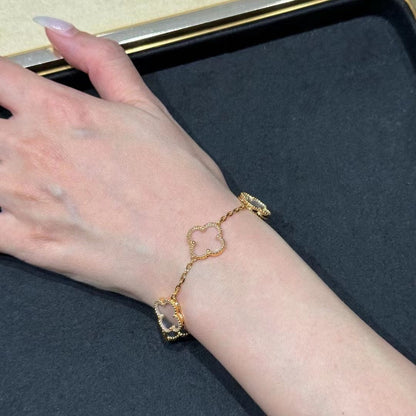 [Love Lucky]CLOVER 5 MOTIF ROCK CRYSTAL PINK GOLD BRACELET