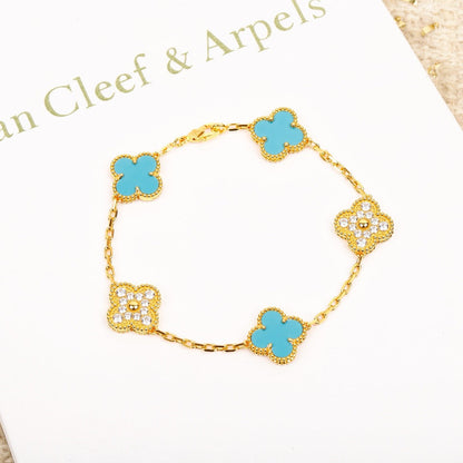 [Love Lucky]CLOVER 5 MOTIF TURQUOISE DIAMOND GOLD BRACELET
