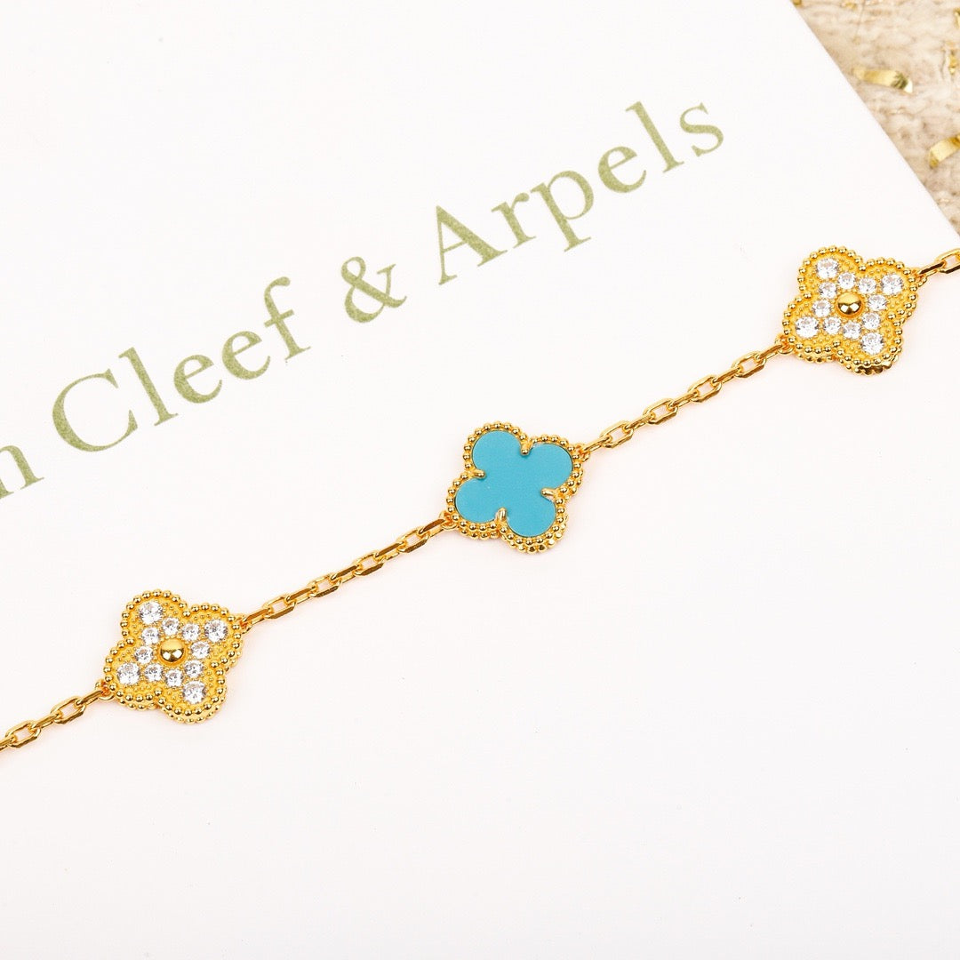 [Love Lucky]CLOVER 5 MOTIF TURQUOISE DIAMOND GOLD BRACELET
