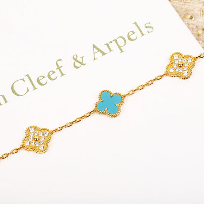 [Love Lucky]CLOVER 5 MOTIF TURQUOISE DIAMOND GOLD BRACELET