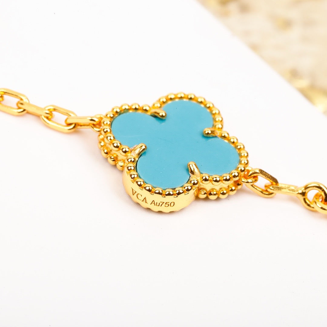 [Love Lucky]CLOVER 5 MOTIF TURQUOISE DIAMOND GOLD BRACELET
