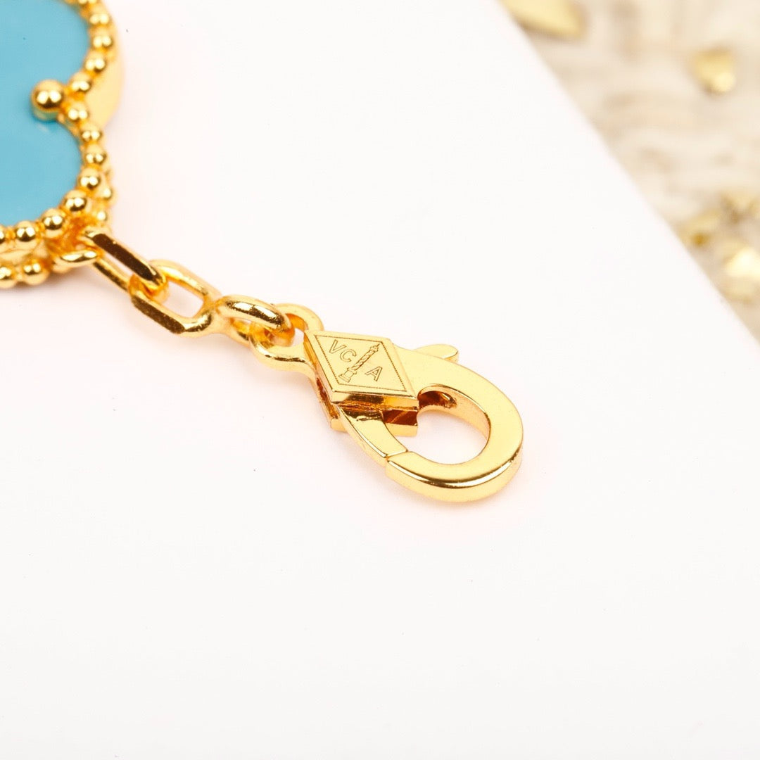 [Love Lucky]CLOVER 5 MOTIF TURQUOISE DIAMOND GOLD BRACELET