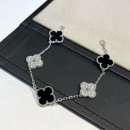 [Love Lucky]CLOVER 5 MOTIF ONYXS DIAMOND BRACELET SILVER