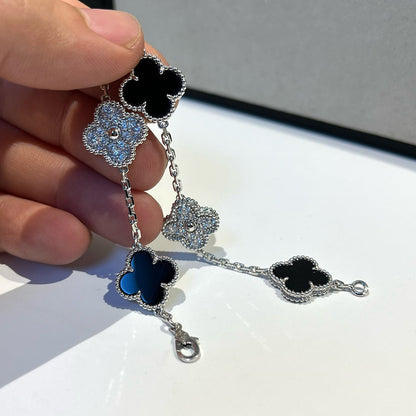 [Love Lucky]CLOVER 5 MOTIF ONYXS DIAMOND BRACELET SILVER